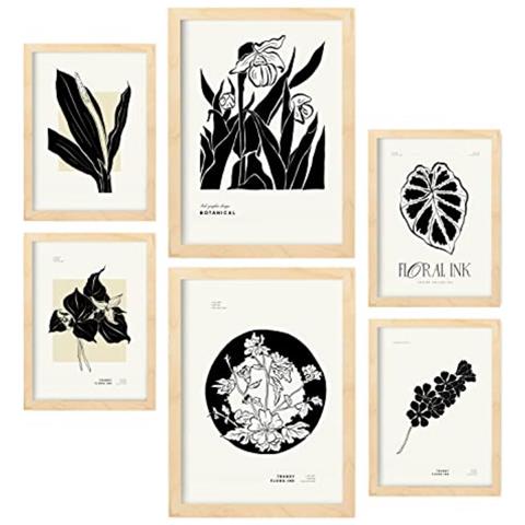 Set Di 6 Stampe Stampe Artistiche In Stile Schizzo Con Inchiostri Tropicali E Inchiostro Nero Per L'interior Design A3 & A4 Telaio In Legno Chiaro - Foto 1