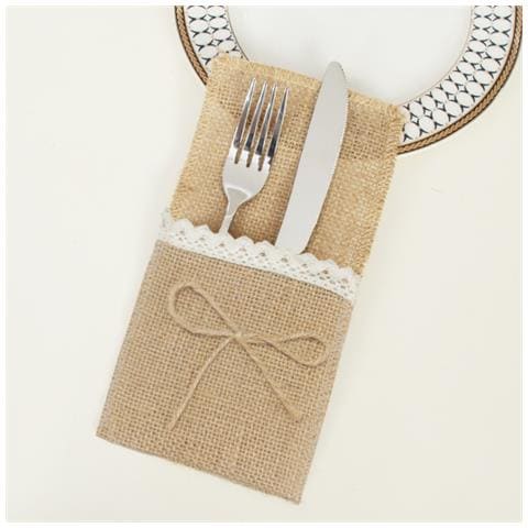 Set Di 10 Sacchetti Portaposate In Tela Di Iuta Con Fiocco - Decorazione Tavola Rustica - Foto 2