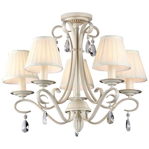 Lampadario Shabby Chic Brionia Metallo Beige 5 Luci Diffusori Vetro Bianchi - Foto 1