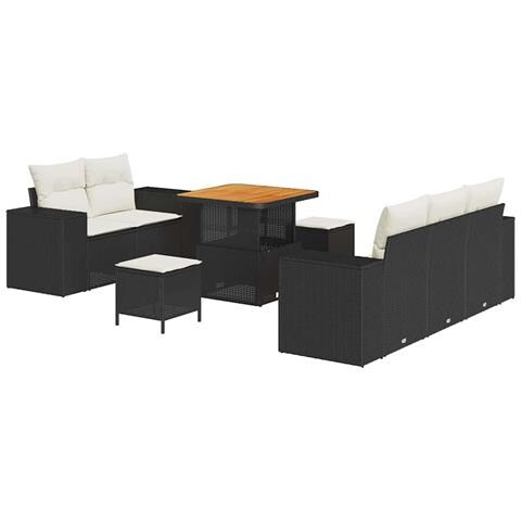 Set Divano da Giardino di 8 Pezzi con Cuscini in Polyrattan Nero Acacia, Set di Pranzo da Giardino di 3 Pezzi con Cuscini in Polyrattan Nero Acacia - Foto 1