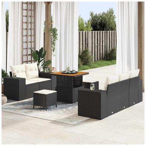 Set Divano da Giardino di 8 Pezzi con Cuscini in Polyrattan Nero Acacia, Set di Pranzo da Giardino di 3 Pezzi con Cuscini in Polyrattan Nero Acacia - Foto 2