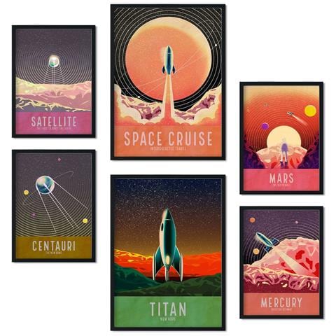 Set Di 6 Stampe Collezione Planetarium Di Poster Con Estetica Collage Per La Decorazione D'interni A3 & A4 Cornice Nera - Foto 1