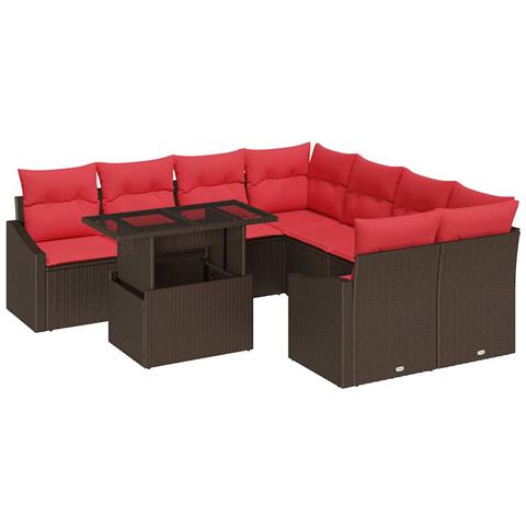 Set Divano da Giardino 9 pz Marrone e Rosso polyrattan - Foto 1