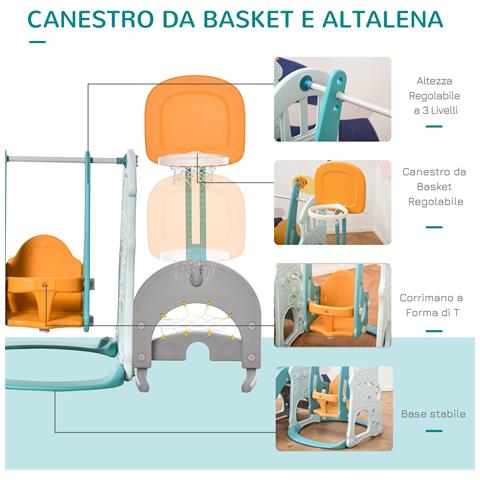 Scivolo per Bambini 4 anni max con Altalena, Canestro, Porta e Anelli, in HDPE e PP, 210x186x133 cm - Foto 2