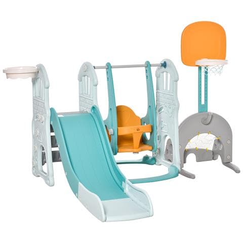 Scivolo per Bambini 4 anni max con Altalena, Canestro, Porta e Anelli, in HDPE e PP, 210x186x133 cm - Foto 1