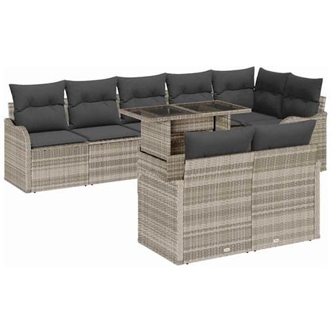 Set da giardino 9 pezzi  con cuscini in polyrattan grigio chiaro, Divano da giardino 2 posti  con cuscini in polyrattan grigio chiaro - Foto 1