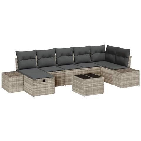 Set di Divano da Giardino di 8 Pezzi con Cuscini Grigio Chiaro Polyrattan - Foto 1