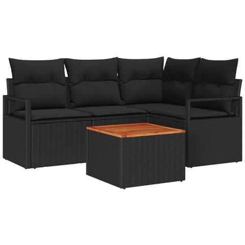 Set di divani da giardino 5 pezzi con cuscini Nero Polirattan Acacia, Divano da giardino 2 posti con cuscini Nero Polirattan - Foto 1