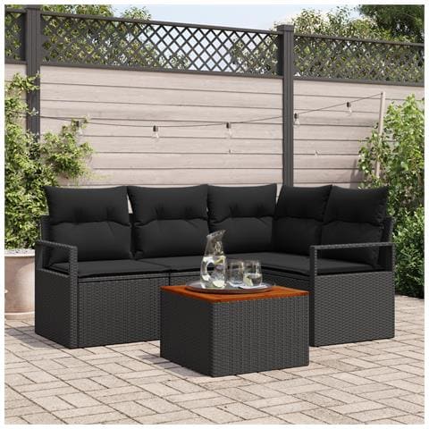 Set di divani da giardino 5 pezzi con cuscini Nero Polirattan Acacia, Divano da giardino 2 posti con cuscini Nero Polirattan - Foto 2