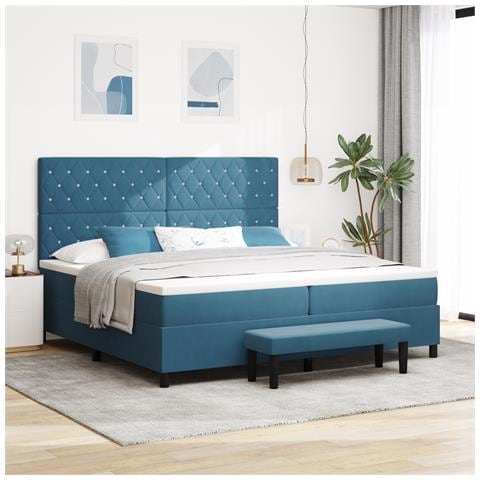 Letto Box Spring con Materasso & Panca Blu Scuro 200x200 cm Velluto - Foto 2