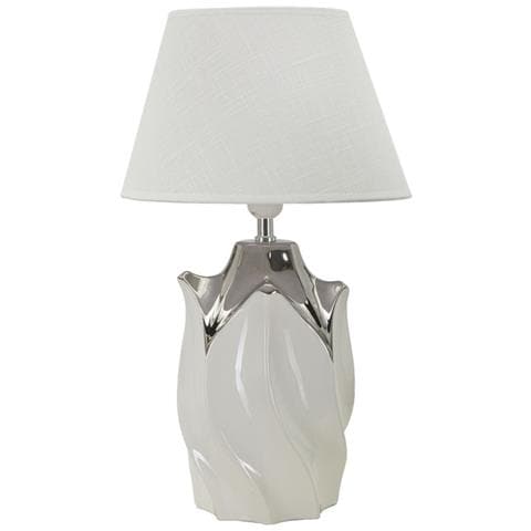 Lampada Da Tavolo Shiney In Ceramica Bianca E Argento Con Paralume In Tessuto - Foto 1