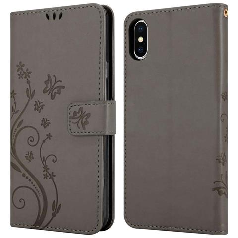 Custodia Compatibile Con Apple Iphone Xs Max In Grigio Fiore - Coperchio Protettivo In Design Floreale Con Chiusura Magnetica, Funzione Stand E Slot Per Carte - Foto 11