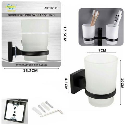 Bicchiere Con Supporto Bagno Porta Spazzolino Denti Muro Casa Nero 02101 - Foto 2