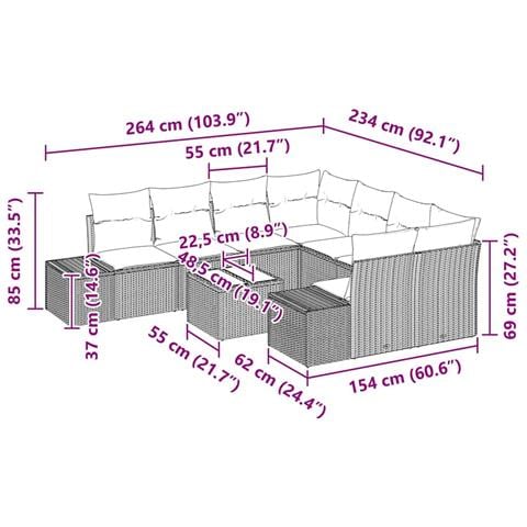 Set da giardino 9 pezzi con cuscini beige in polirattan - Foto 9