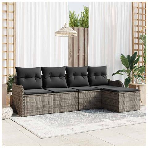Set di divani da giardino 5 pezzi con cuscini Grigio Polyrattan, Divano da giardino 2 posti con contenitore e cuscini Grigio Polyrattan - Foto 2