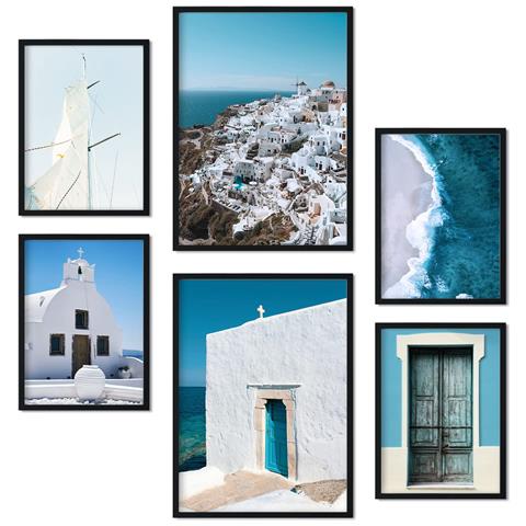 Set Di 6 Stampe Grecia Immagini Stampe Artistiche Da Parete Decorazione Poster Design D'interni Nella Galleria D'arte A3 & A4 Cornice Nera - Foto 1