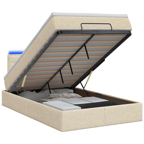 Letto Ottomano con Materasso e LED Crema 120 x 190 cm Tessuto - Foto 1