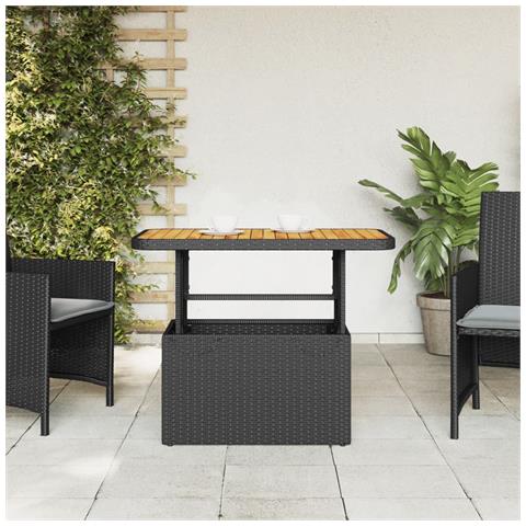 Tavolo Da Giardino Nero 90x55x71cm In Polyrattan E Legno Acacia - Foto 3