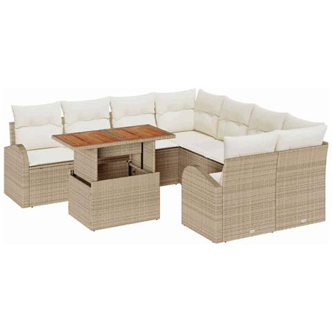 Set da giardino 9 pezzi con cuscini beige in polyrattan acacia - Foto 1