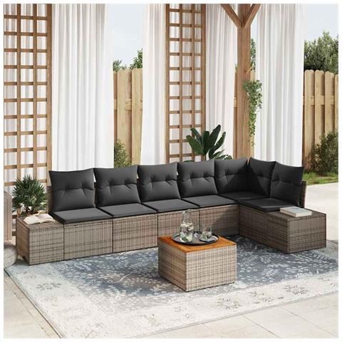 Set di divani da giardino 7 pezzi con cuscini grigi in polyrattan e acacia - Foto 2