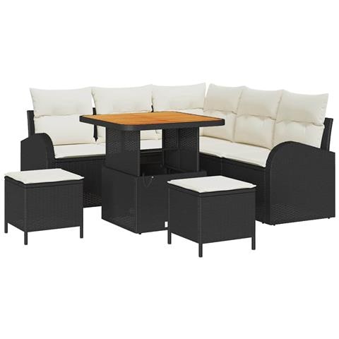 Set di Divano da Giardino di 8 Pezzi con Cuscini in Rattan Polietilene Nero Acacia, Divano da Giardino a 2 Posti con Cuscini in Rattan Polietilene Nero, Set da Pranzo da Giardino in 3 Pezzi con Cuscini in Rattan Polietilene Nero Acacia - Foto 1