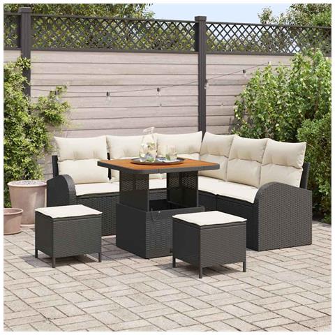 Set di Divano da Giardino di 8 Pezzi con Cuscini in Rattan Polietilene Nero Acacia, Divano da Giardino a 2 Posti con Cuscini in Rattan Polietilene Nero, Set da Pranzo da Giardino in 3 Pezzi con Cuscini in Rattan Polietilene Nero Acacia - Foto 2
