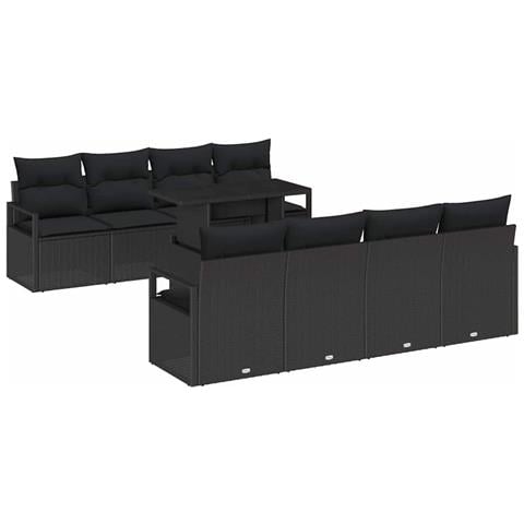 Set Divano da Giardino 9 Pezzi con Cuscini Nero Polyrattan, Divano da Giardino 2 Posti con Cuscini Nero Polyrattan - Foto 1