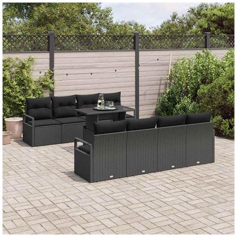 Set Divano da Giardino 9 Pezzi con Cuscini Nero Polyrattan, Divano da Giardino 2 Posti con Cuscini Nero Polyrattan - Foto 2
