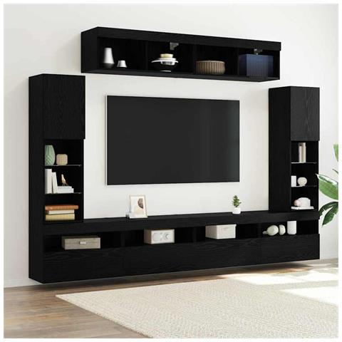 Set di Unità TV da Muro 8 Pezzi con LED Quercia Nera Legno Ingegnerizzato - Foto 2