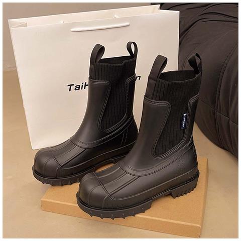 Stivali Da Pioggia Impermeabili Da Donna In Stile Britannico Compatibili Con Abbigliamento Casual, Con Tomaia In Pvc E Design Elastico Per Un Comfort Superiore Black 37 - Foto 2