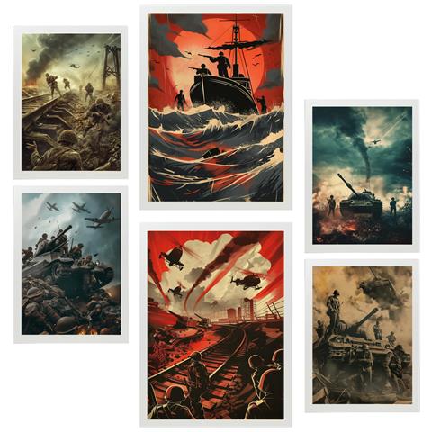 Set Di 6 Stampe Dipinto Decorativo Momenti Storici Battaglia Su Barca Carro Armato Elicottero Incorniciato Con Illustrazioni A3 & A4 Cornice Bianca - Foto 1