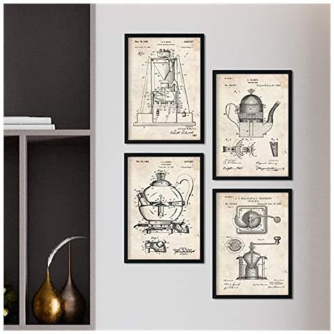 Set Di 4 Stampe Con Brevetto Di Utensili Da Cucina Progettto Caffettiera Caffè Manifesti Con E Cucina Disegno Di Alta Qualità Sfondo Senza Cornice A4 - Foto 1