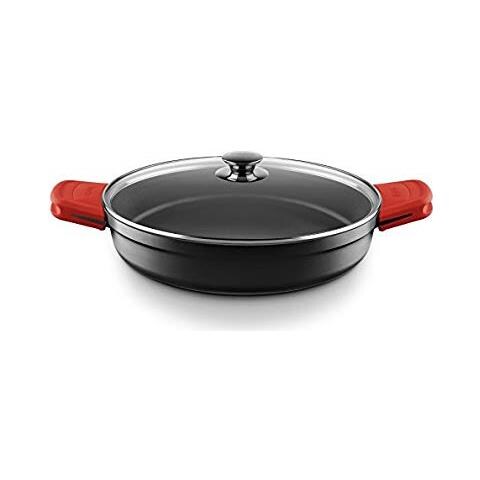 Casseruola Bassa Per Induzione Con Coperchio In Vetro - 32 Cm - Nera Con Manici Rossi - Foto 2