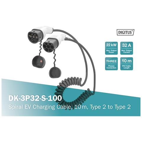 Cavo di ricarica a spirale per auto elettriche e PHEV - 10 m - Tipo 2 - Modalità 3 - Trifase - 32 A - 22 kW - Nero - Foto 2