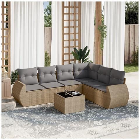 Set Divani Da Giardino 7 Pz Con Cuscini Beige In Polyrattan - Foto 1