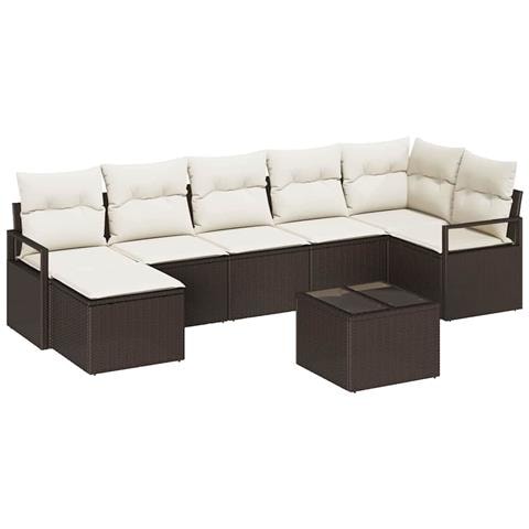 Set di divani da giardino 7 pezzi con cuscini grigi in polyrattan, Divano da giardino 2 posti con cuscini marroni in polyrattan - Foto 1