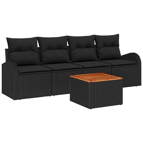 Set Divano da Giardino 5 Pezzi con Cuscini Rattan Polyrattan Nero Acacia - Foto 1