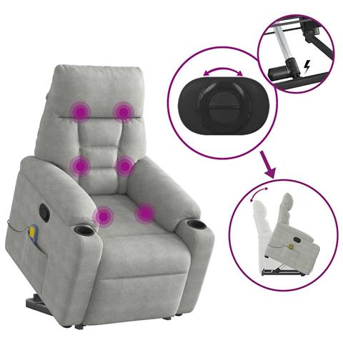 Poltrona a Rialzo Massaggi Reclinante Grigio Chiaro Microfibra - Foto 9