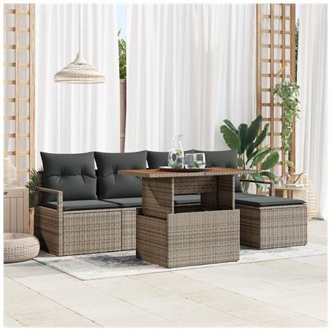 Set di divani da giardino con cuscini grigi in polyrattan e acacia, Divano da giardino a 2 posti con cuscini grigi in polyrattan - Foto 2