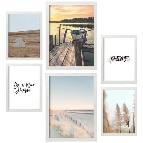 Set Di 6 Stampe Immagini Di Spiaggia, Stampe Artistiche Da Parete, Poster, Decorazioni, Design D'interni Nella Galleria D'arte A3 & A4 Cornice Bianca - Foto 1