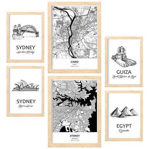 Set Di 6 Stampe Dall'egitto E Dalla Collezione Sidney Di Pannelli Con Collage Estetico Per La Decorazione D'interni A3 & A4 Telaio In Legno Chiaro - Foto 1