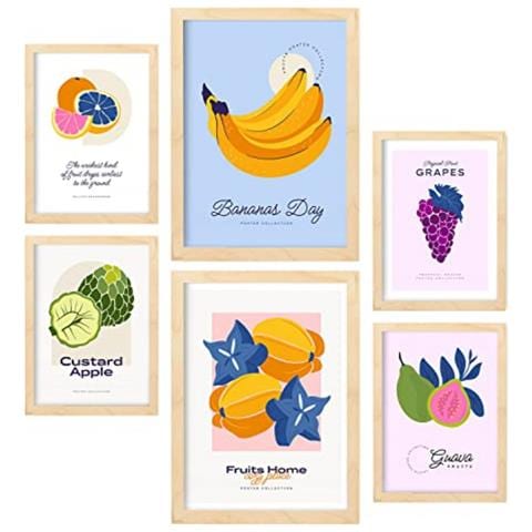 Set Di 6 Stampe Cibo E Nutrizione Natura Tropicale E Fruttata E Nutrizione Per L'interior Design A3 & A4 Telaio In Legno Chiaro - Foto 1