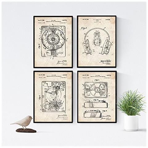 Set Di 4 Stampe Su Sfondo Brevetto Cuffie Audio Progetto Cuffie Sonore Musica E Suoni Vecchi Brevetti Vecchie Invenzioni Sonorità Senza Cornice A4 - Foto 1