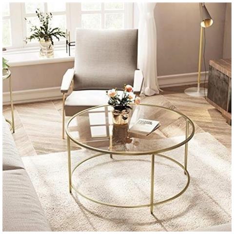 Tavolino da caffè rotondo Valora con struttura in acciaio dorato e piano in vetro - Foto 2