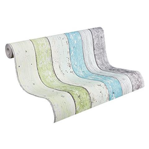 855077 - Carta Da Parati In Simil Legno, Decorazione""surf E Vela"", Colore: Blu / verde / bianco - Foto 1