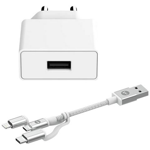 Caricabatterie Originale Da Parete Per Casa 18w Usb + Cavo Multi Adattatore White Blister - Foto 3