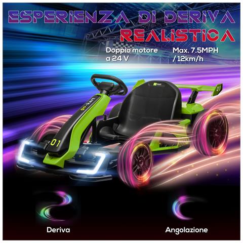 Go Kart Elettrico per Bambini 6-12 Anni 24V 12km /h con Seggiolino Regolabile, Verde - Foto 2