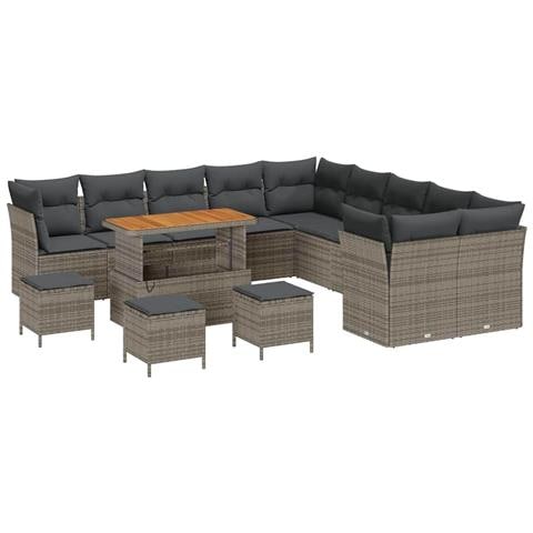 Set di Divani da Giardino da 14 Pezzi con Cuscini Rattan Polyrattan Grigio Acacia, Set da Pranzo da Giardino da 4 Pezzi con Cuscini Rattan Polyrattan Grigio Acacia - Foto 1