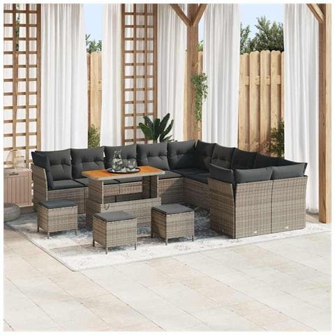 Set di Divani da Giardino da 14 Pezzi con Cuscini Rattan Polyrattan Grigio Acacia, Set da Pranzo da Giardino da 4 Pezzi con Cuscini Rattan Polyrattan Grigio Acacia - Foto 2