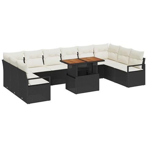 Set Divano da Giardino 11 Pezzi con Cuscini Rattan Nero Poliestere Acacia, Set Divano da Giardino 2 Posti con Cuscini Rattan Nero Poliestere - Foto 1